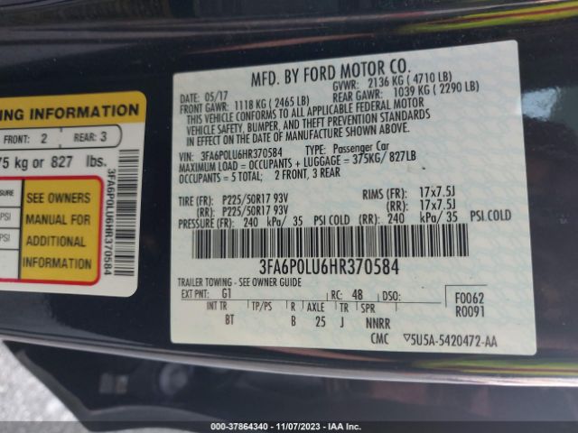 3FA6P0LU6HR370584 Ford Fusion Hybrid Se