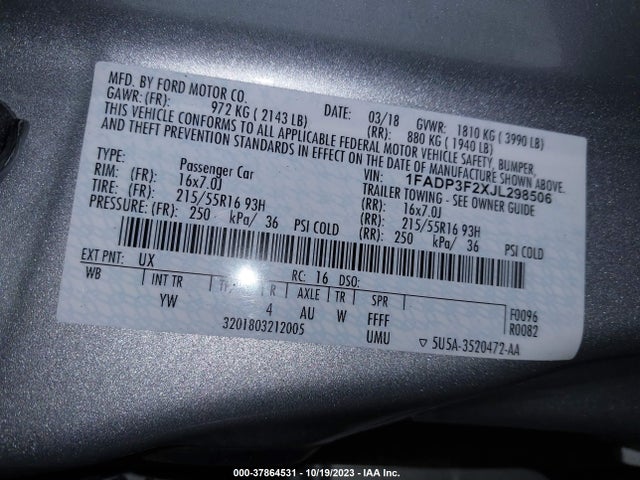 Ford FOCUS SE 2018 1FADP3F2XJL298506 Image 9