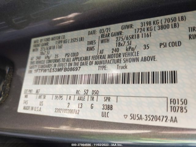 1FTFW1E53MFB08697 Ford F-150 Xlt