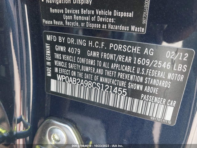 2012 PORSCHE 911 991 CARRERA S VIN: WP0AB2A98CS121455