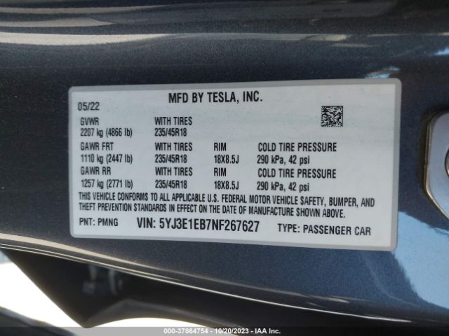 5YJ3E1EB7NF267627 Tesla Model 3 Long Range