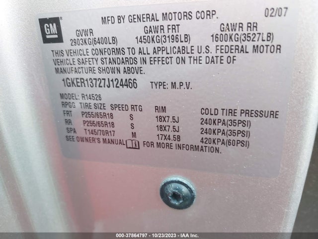 2007 GMC ACADIA SLE-1 VIN: 1GKER13727J124466
