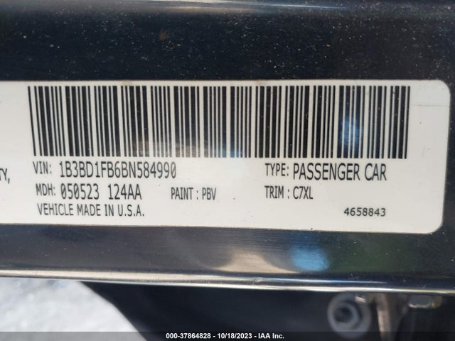 2011 DODGE AVENGER MAINSTREET VIN: 1B3BD1FB6BN584990