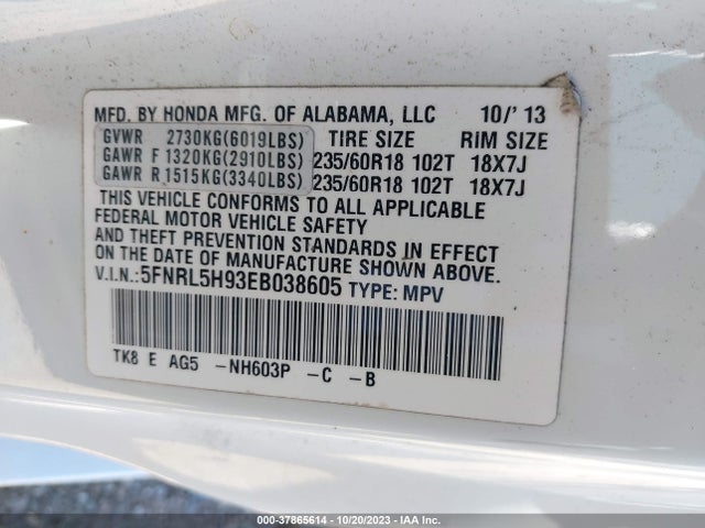 2014 HONDA ODYSSEY TOURING/TOURING ELITE VIN: 5FNRL5H93EB038605