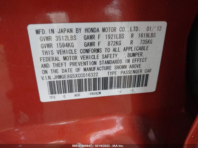 2012 HONDA FIT SPORT VIN: JHMGE8G5XCC016322