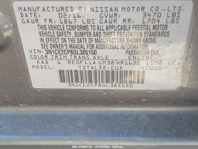 2016 NISSAN VERSA NOTE S PLUS/SV/SR/S (SR)/SL VIN: 3N1CE2CP8GL385150