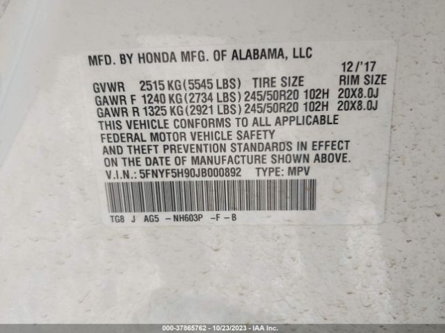 5FNYF5H90JB000892 Honda Pilot Touring