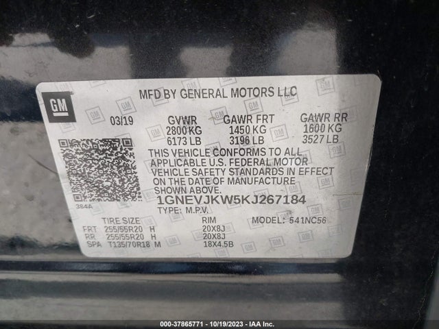 Chevrolet Traverse Rs 2019 1GNEVJKW5KJ267184 Image 9