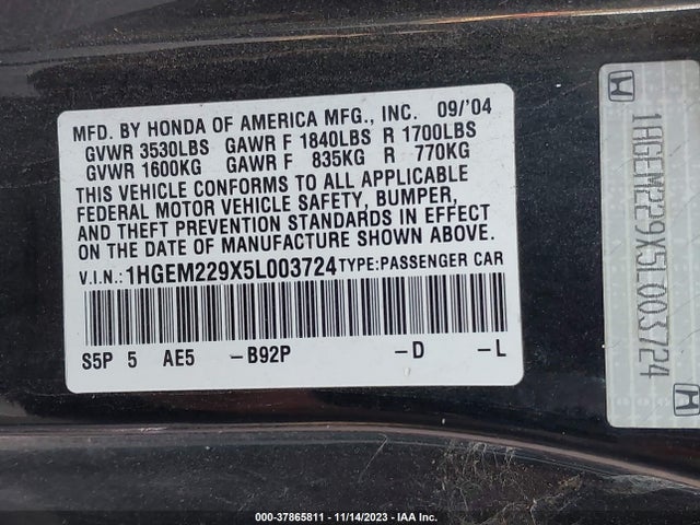2005 HONDA CIVIC CPE 1HGEM229X5L003724 Photo 8