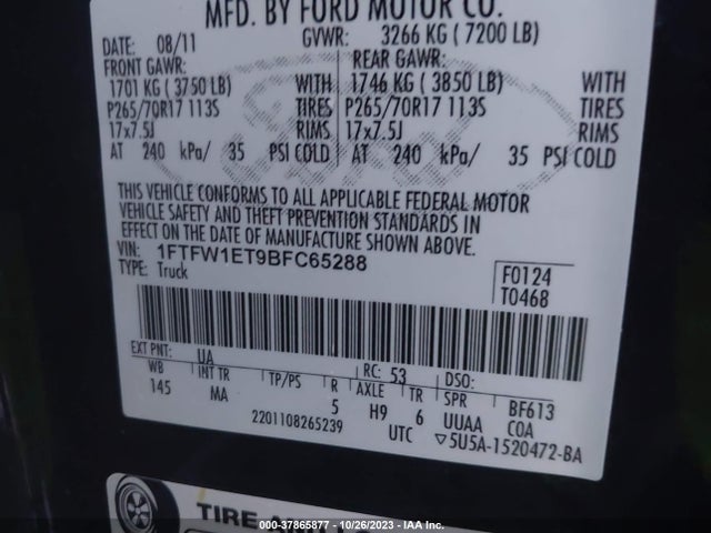 2011 FORD F-150 XLT VIN: 1FTFW1ET9BFC65288