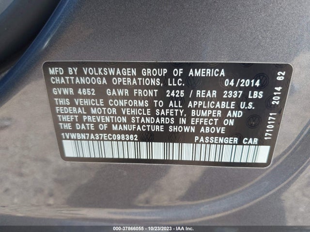 1VWBN7A37EC098362 Volkswagen Passat Tdi Se W/sunroof