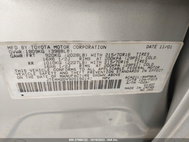 2002 TOYOTA RAV4 VIN: JTEHH20V920150142