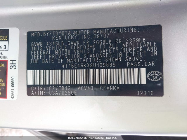 2008 TOYOTA CAMRY 4T1BE46KX8U199889 Photo 8