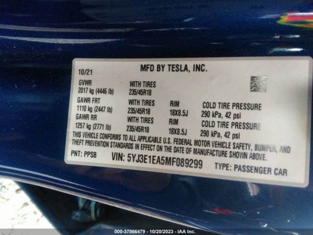 5YJ3E1EA5MF089299 Tesla Model 3 Standard Range Plus