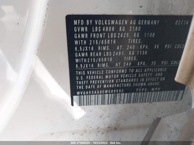 WVGAV3AX8EW589592 Volkswagen TIGUAN S