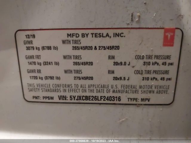 5YJXCBE26LF240316 Tesla Model X Long Range Dual Motor All-wheel Drive/long Range Plus Dual Motor All-wheel Drive