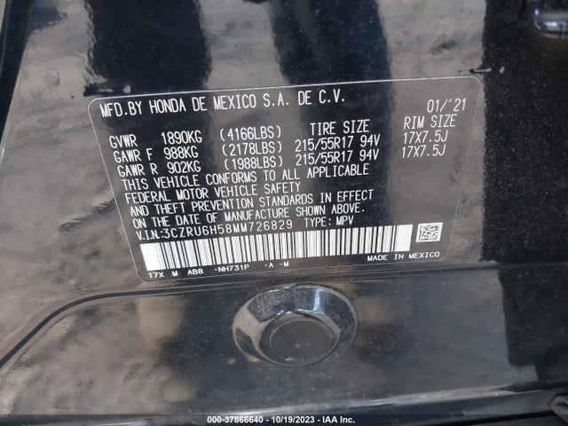 2021 HONDA HR-V AWD EX VIN: 3CZRU6H58MM726829