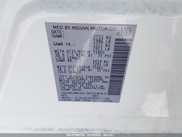 5N1DR2MN3HC902897 Nissan Pathfinder S