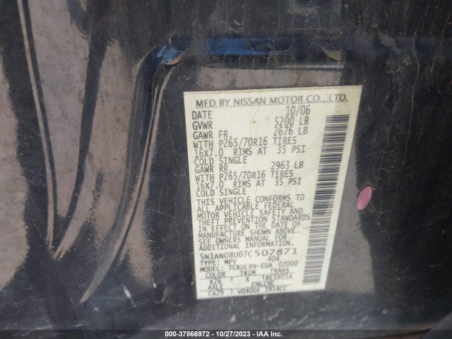 2007 NISSAN XTERRA S VIN: 5N1AN08U07C507871