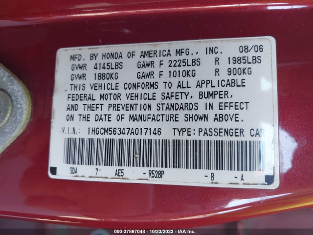2007 HONDA ACCORD SDN LX SE VIN: 1HGCM56347A017146