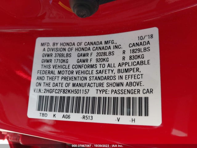 Honda Civic Sport 2019 2HGFC2F82KH501157 Image 9