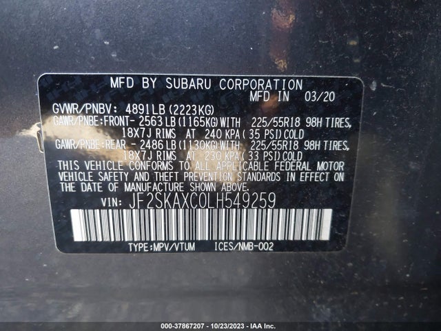 2020 SUBARU FORESTER TOURING VIN: JF2SKAXC0LH549259