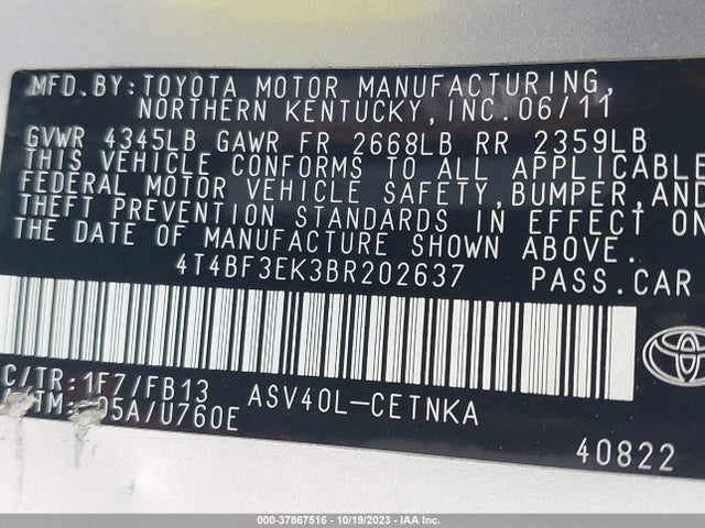 Aukcja sprzedaży 2011 Toyota Camry Le, vin: 4T4BF3EK3BR202637, numer aukcji: 37867516