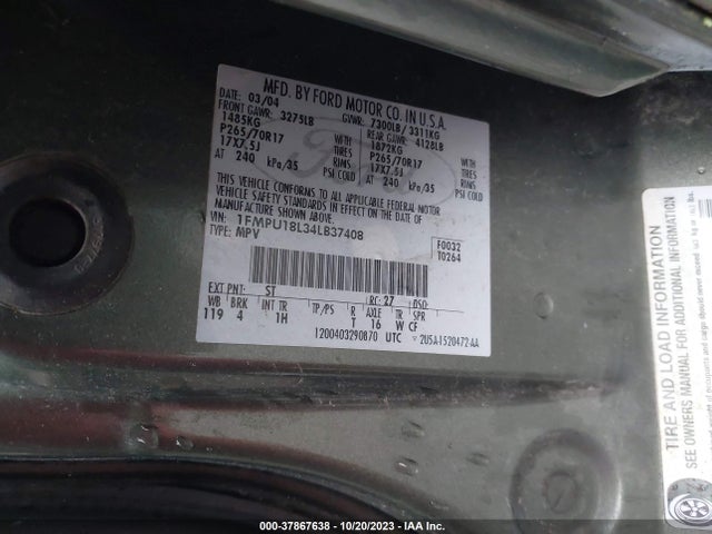 2004 FORD EXPEDITION EDDIE BAUER VIN: 1FMPU18L34LB37408