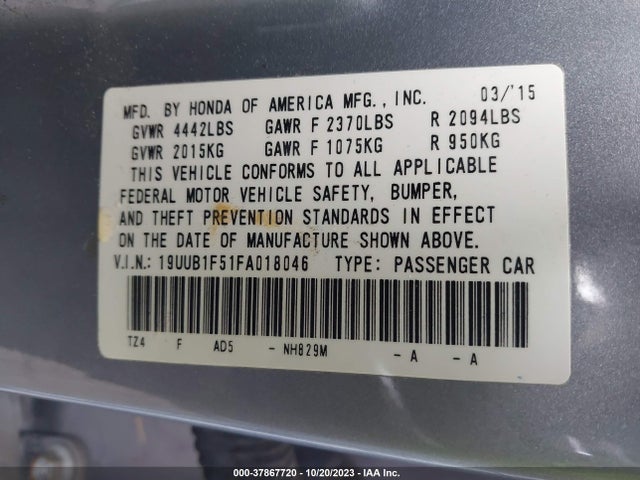 37867720 :رقم المزاد ، 19UUB1F51FA018046 vin ، 2015 Acura Tlx Tech مزاد بيع