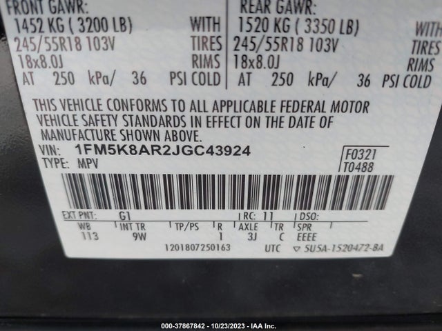 2018 FORD POLICE INTERCEPTOR UTILITY VIN: 1FM5K8AR2JGC43924