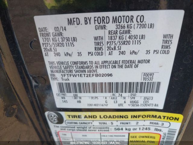 1FTFW1ET2EFB02096 Ford F-150 Xl/xlt/fx4/lariat