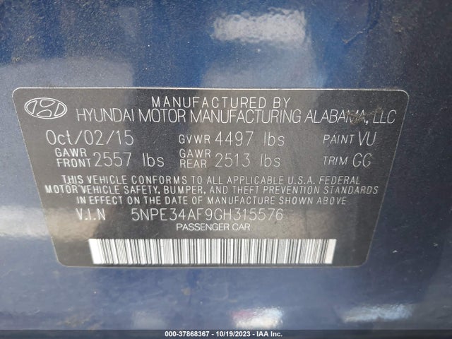 2016 HYUNDAI SONATA SPORT VIN: 5NPE34AF9GH315576