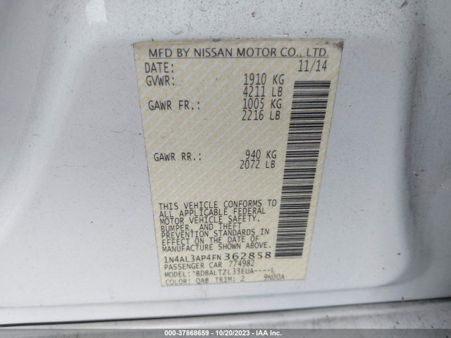 Nissan Altima 2.5 Sl 2015 1N4AL3AP4FN362858 Image 9