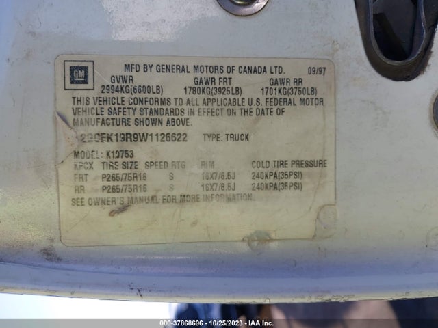 1998 CHEVROLET C/K 1500 VIN: 2GCEK19R9W1126622