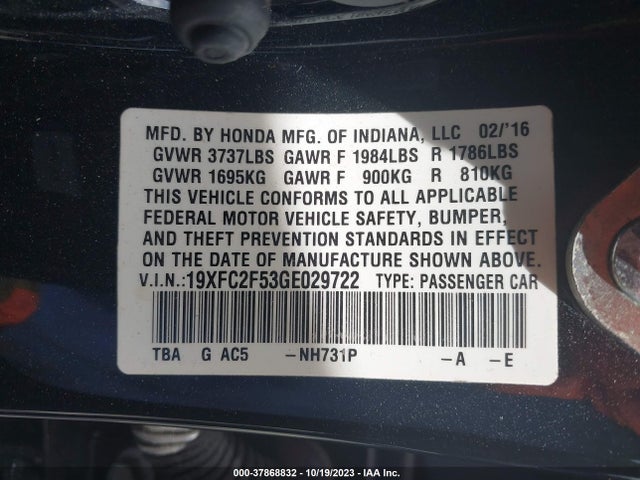 2016 HONDA CIVIC SEDAN LX VIN: 19XFC2F53GE029722