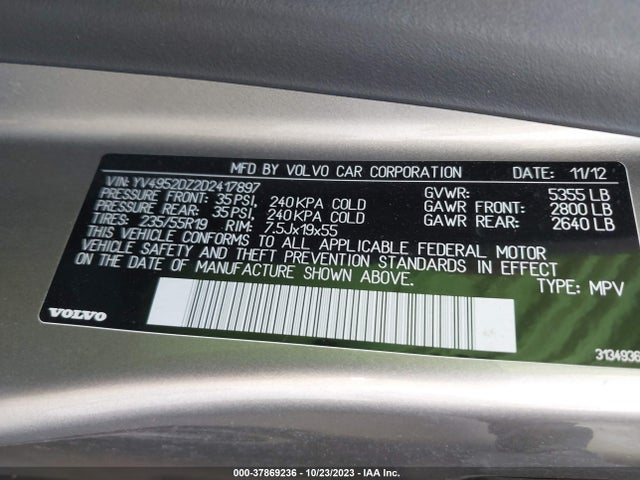 2013 VOLVO XC60 3.2/3.2 PLATINUM/3.2 PREMIER/3.2 PREMIER PLUS VIN: YV4952DZ2D2417897