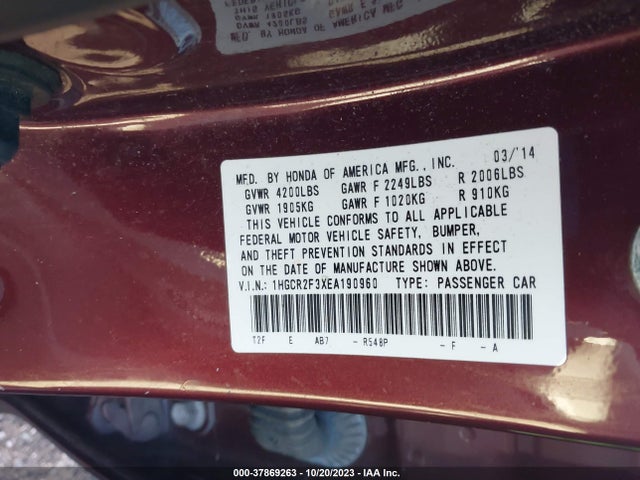 Honda Accord Sedan Lx 2014 1HGCR2F3XEA190960 Image 9