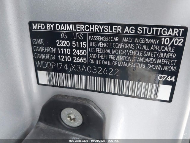 2003 MERCEDES-BENZ CL-CLASS 5.5L AMG VIN: WDBPJ74JX3A032622