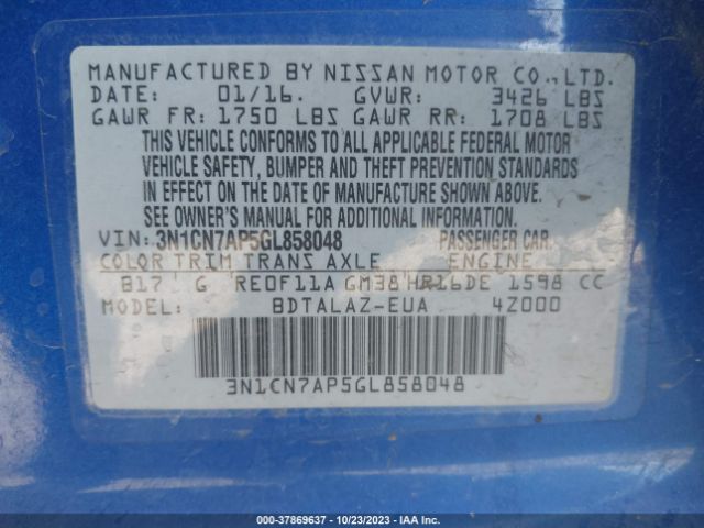 3N1CN7AP5GL858048 Nissan Versa S Plus