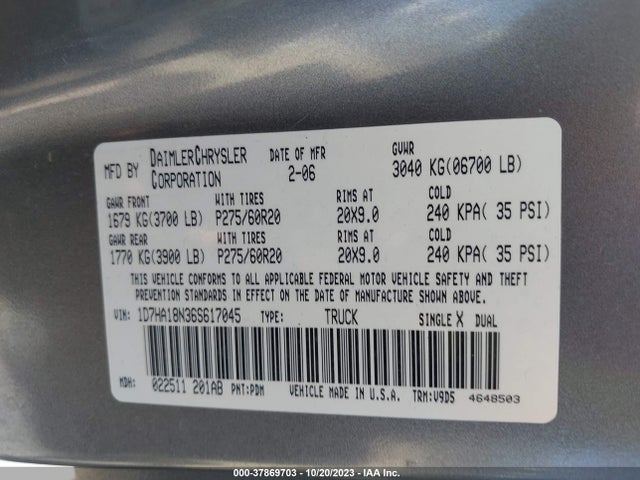 2006 DODGE RAM 1500 SLT VIN: 1D7HA18N36S617045
