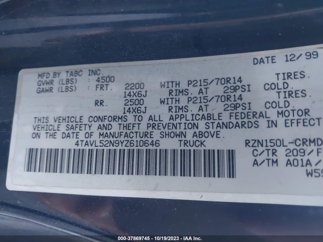 2000 TOYOTA TACOMA VIN: 4TAVL52N9YZ610646
