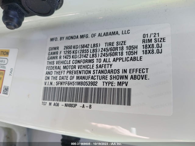 Honda Pilot Ex-l 2021 5FNYF6H51MB053902 Image 9