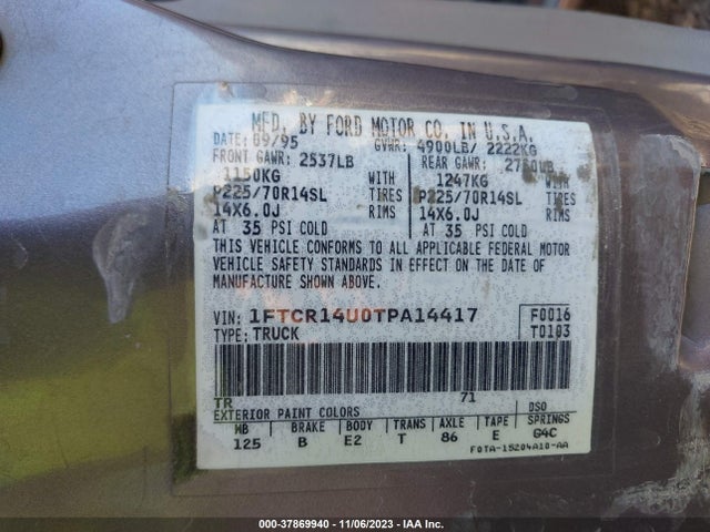 1996 FORD RANGER SUPER CAB VIN: 1FTCR14U0TPA14417