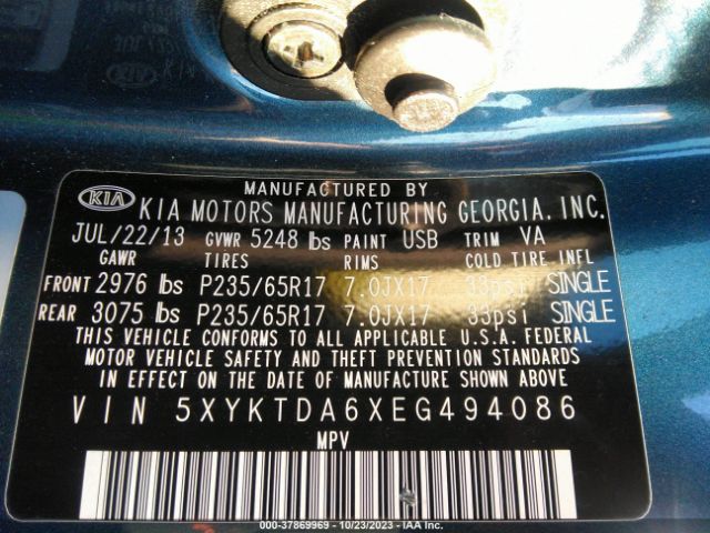 5XYKTDA6XEG494086 KIA SORENTO LX