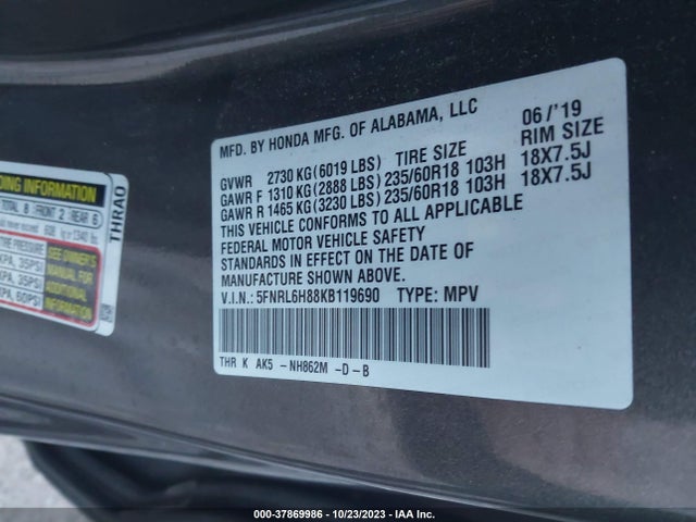 Honda Odyssey Touring 2019 5FNRL6H88KB119690 Image 9