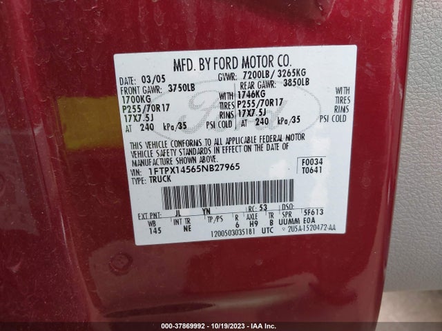 2005 FORD F-150 XLT/FX4/LARIAT/XL VIN: 1FTPX14565NB27965