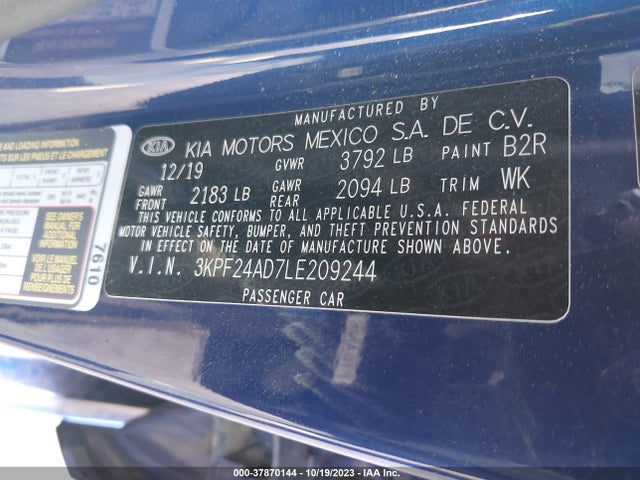 2020 KIA FORTE LXS VIN: 3KPF24AD7LE209244