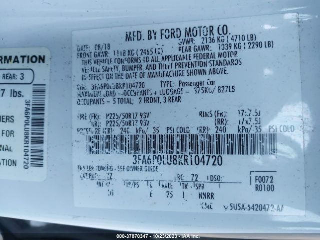 3FA6P0LU8KR104720 Ford Fusion Hybrid Se