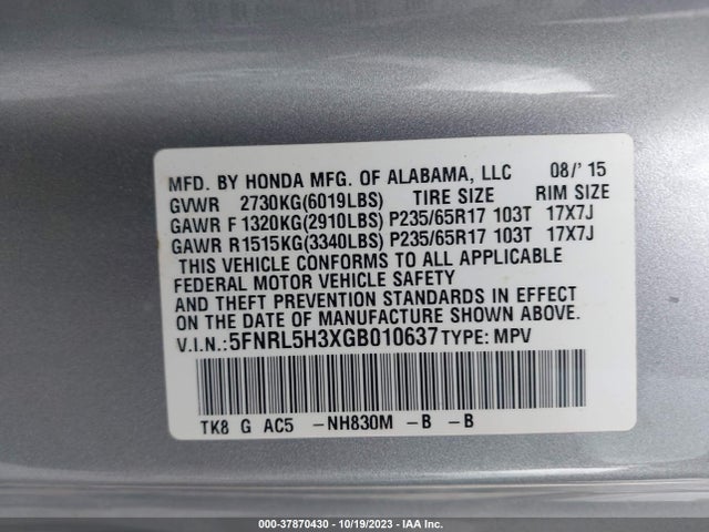 Honda ODYSSEY SE 2016 5FNRL5H3XGB010637 Image 9