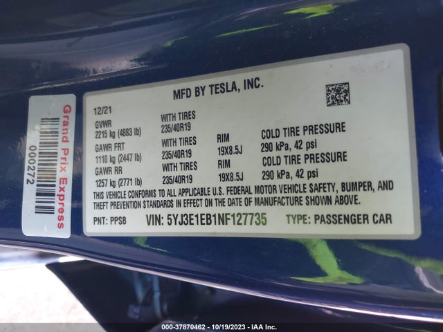 2022 TESLA MODEL 3 LONG RANGE VIN: 5YJ3E1EB1NF127735